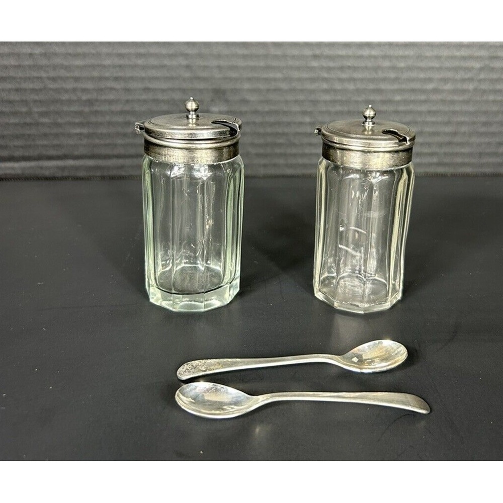 Set of Glass Condiment bottles w/ lids and spoons marked with EPNS Made in Engl.